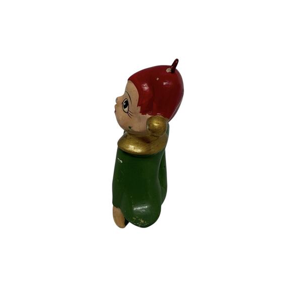 1950s Christmas Seated Pixie Elf Ceramic Ornament Red Hair Green Outfit Japan - Picture 2 of 11
